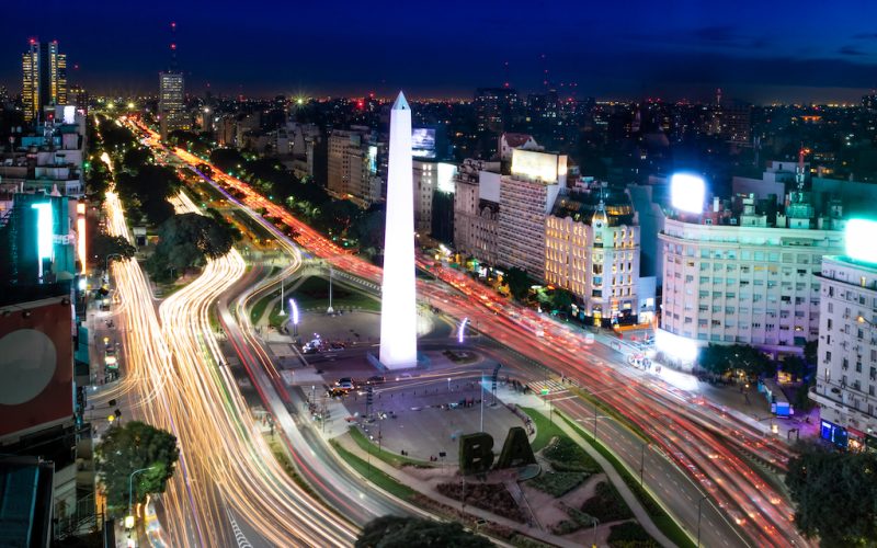 Aerial view of Buenos Aires and 9 de julio avenue at night - Buenos Aires, Argentina