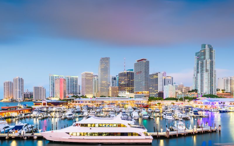 Miami, Florida, USA downtown skyline at dusk.