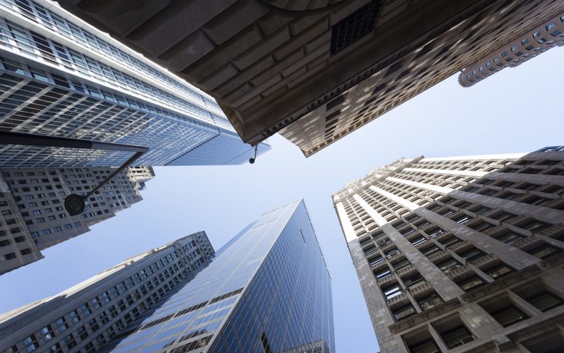 Low angle view of skyscrapers in the Financial District of New York, USA