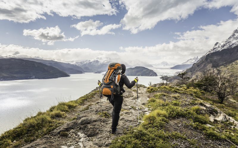 Rear view of female hiker hiking alongside Grey glacier lake, Torres del Paine National Park, Chile