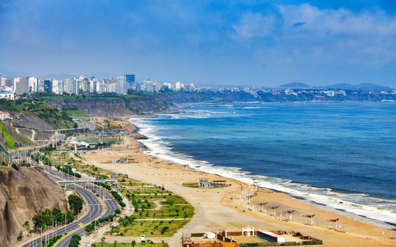 The Pacific Ocean coast of Lima Peru with the deserted road for the Covid19 pandemic